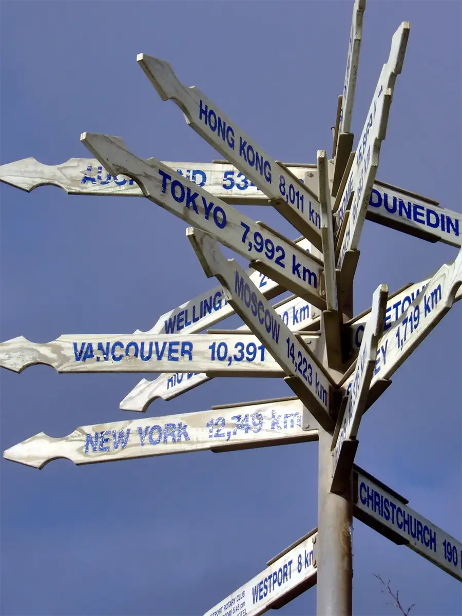 Panneau indicateur hérissé de flèches vers Tokyo, Hong Kong, Vancouver, Moscou ou New York, avec leurs distances