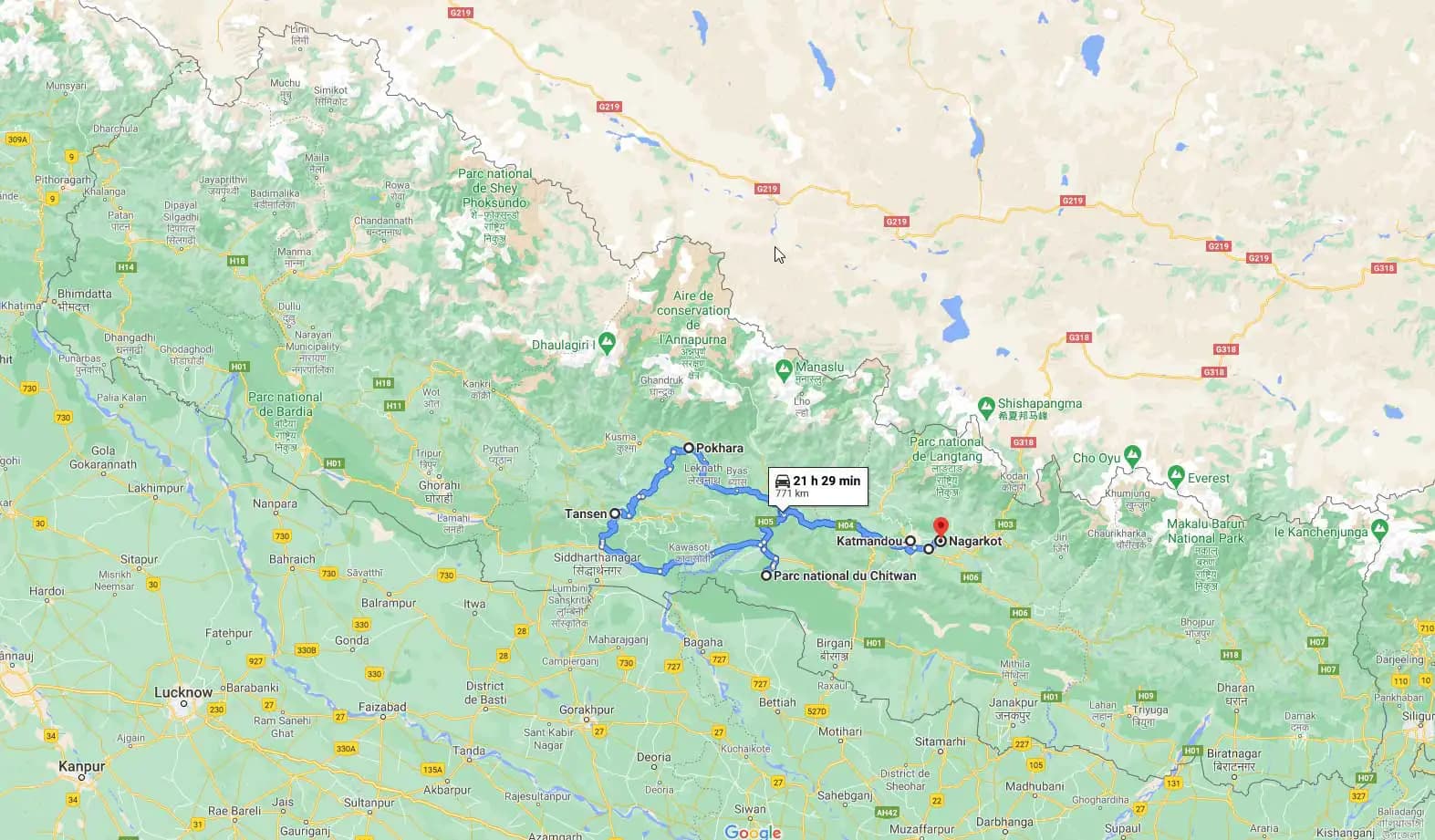Carte générale de mon itinéraire au Népal