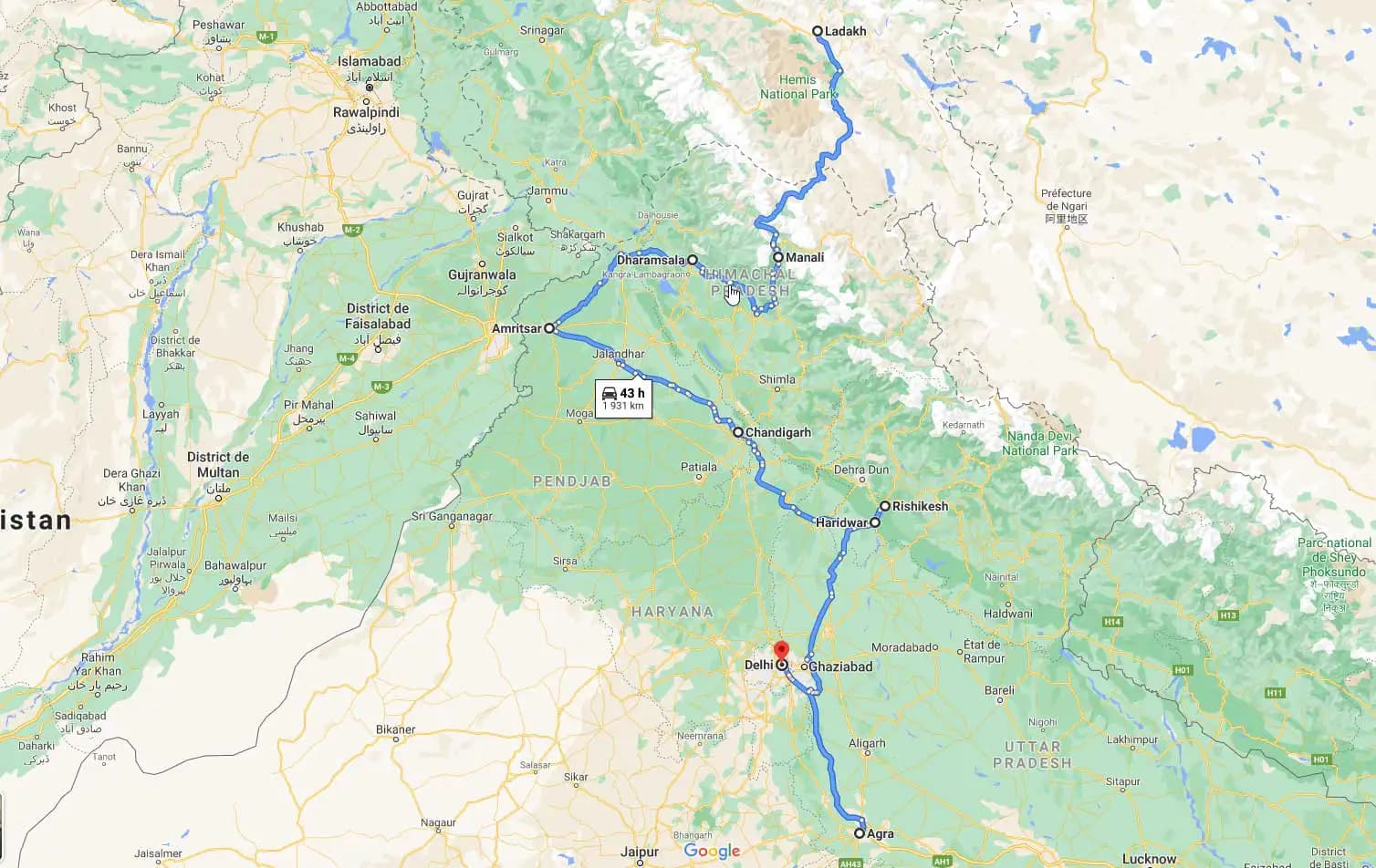 Carte détaillée de mon itinéraire en Inde du Nord