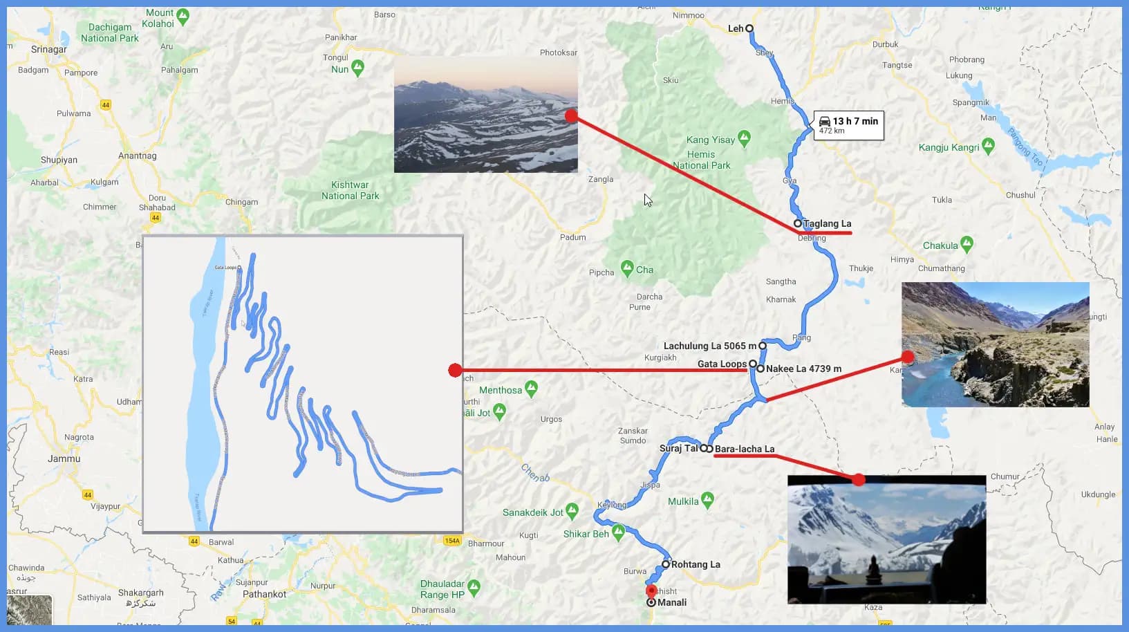 Carte de la route de Leh à Manali au Ladakh indien