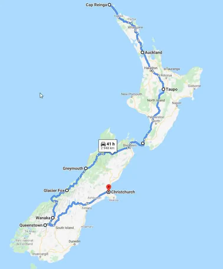 L’itinéraire complet des deux îles (Nouvelle-Zélande)