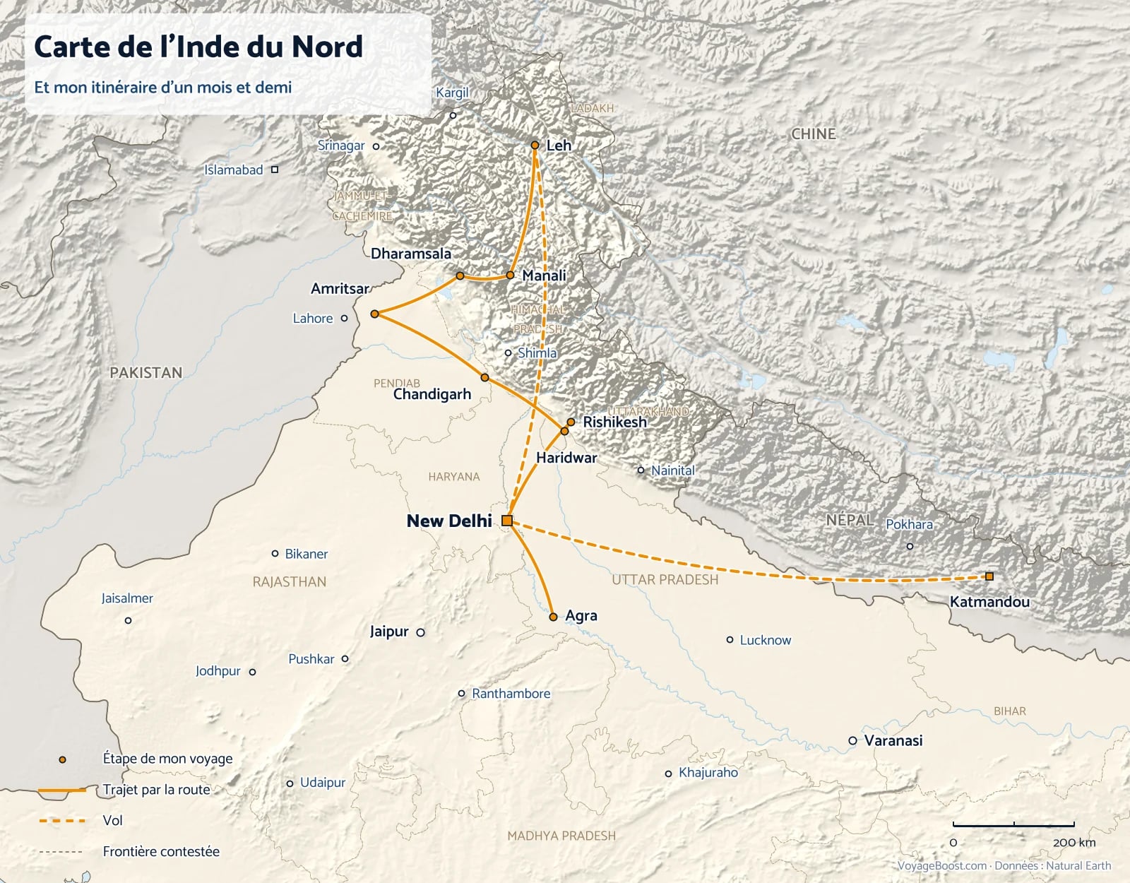 Carte de l’Inde du Nord avec mon itinéraire de Leh à Agra