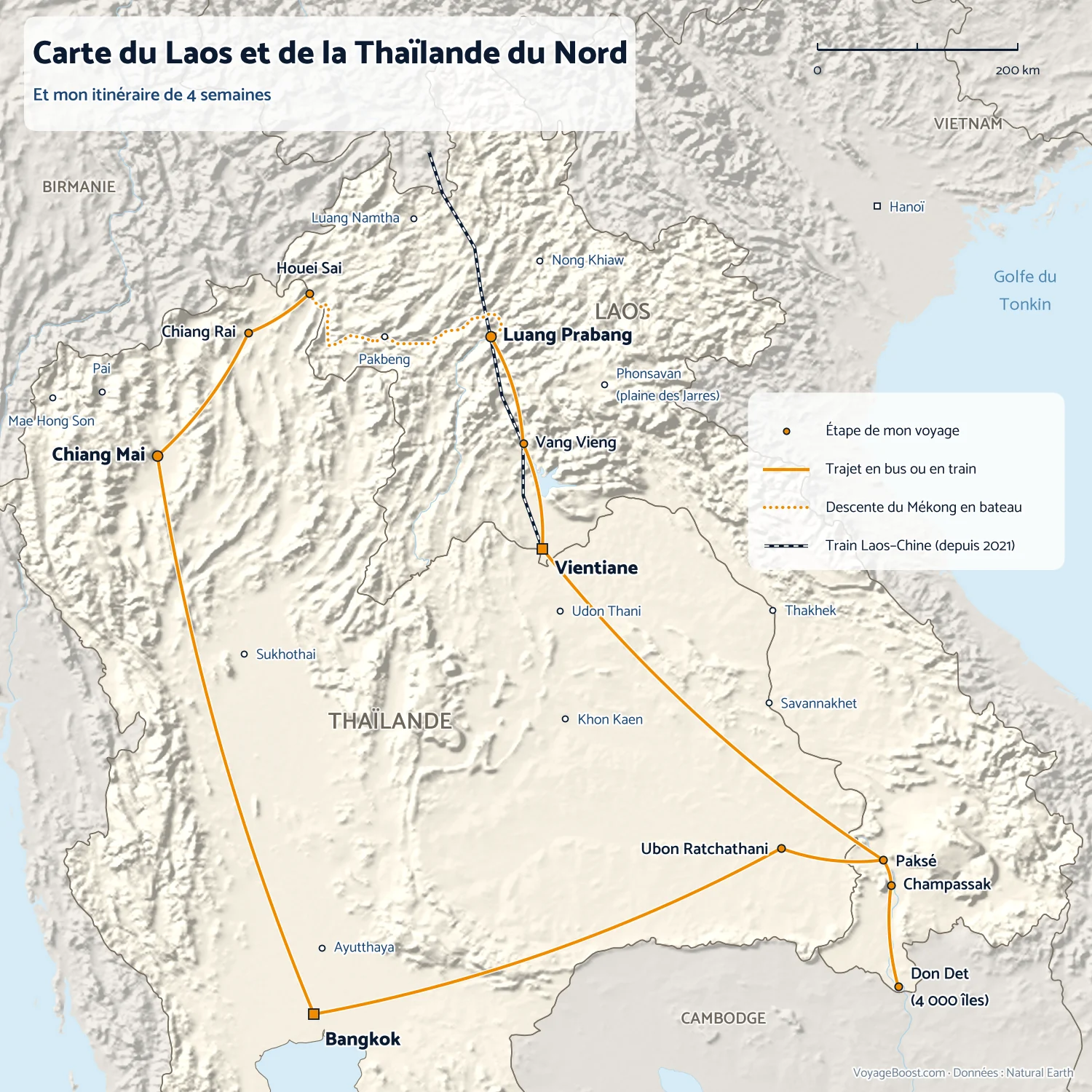 Carte de mon itinéraire de 4 semaines entre le nord de la Thaïlande et le Laos, jusqu’aux 4 000 îles