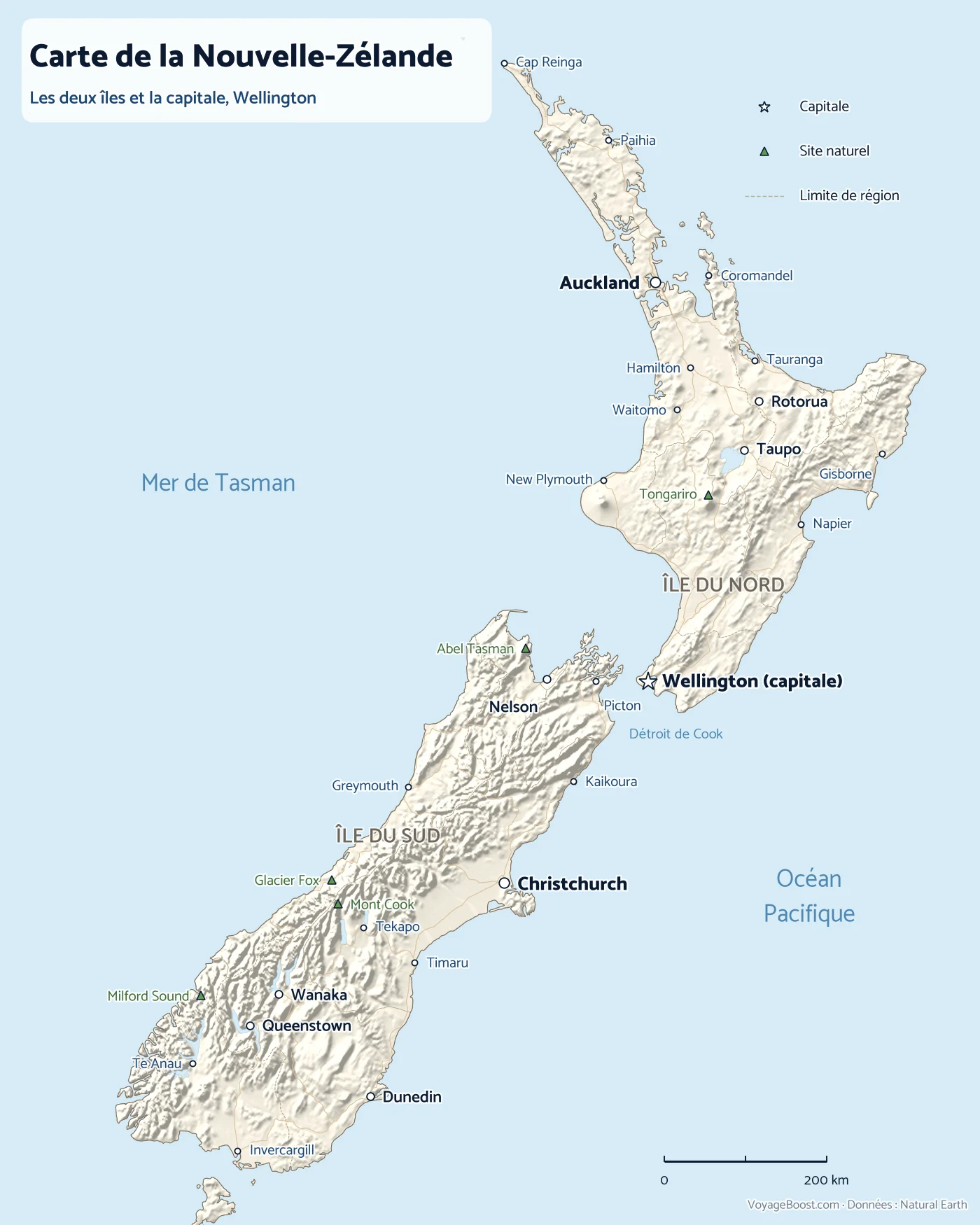 Carte détaillée de la Nouvelle-Zélande avec l’île du Nord, l’île du Sud, la capitale Wellington et les principales villes