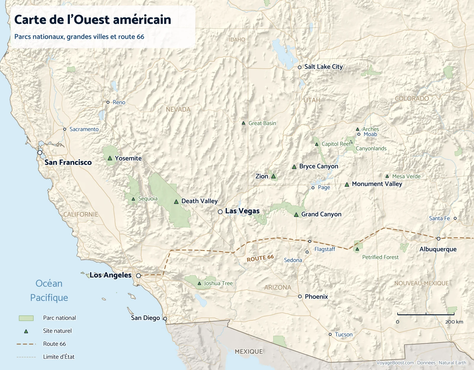 Carte de l’Ouest américain avec les parcs nationaux, les grandes villes et la route 66