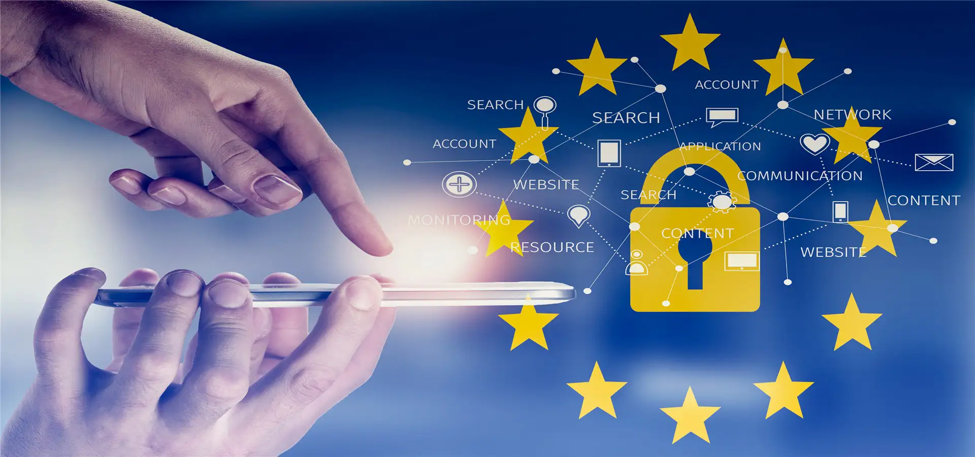 Doigt sur un smartphone face à un cadenas entouré des étoiles du drapeau européen