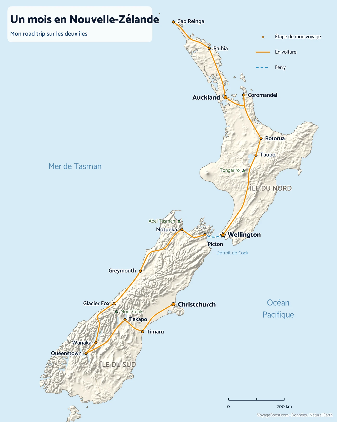 Carte de mon road trip d’un mois en Nouvelle-Zélande, du cap Reinga à Christchurch