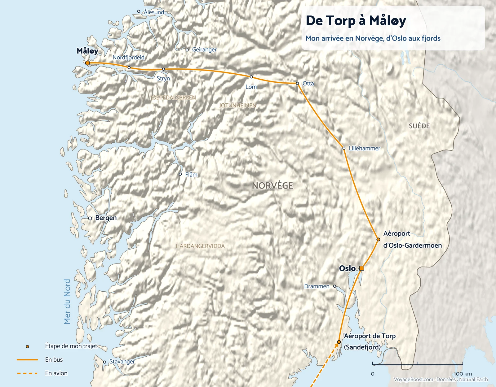 Carte de mon trajet en Norvège : de l’aéroport de Torp à Oslo et Gardermoen, puis en bus par Lillehammer, Otta, Lom et Stryn jusqu’à Måløy