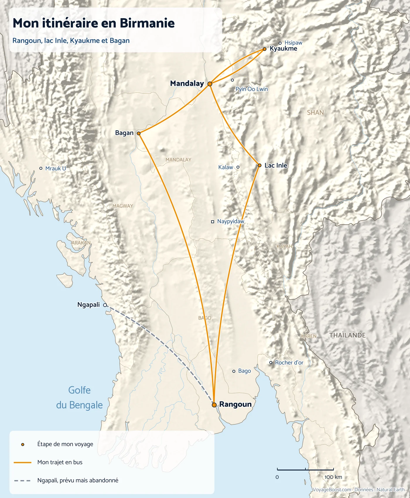 Carte de mon itinéraire en Birmanie : Rangoun, le lac Inle, Mandalay, Kyaukme et Bagan