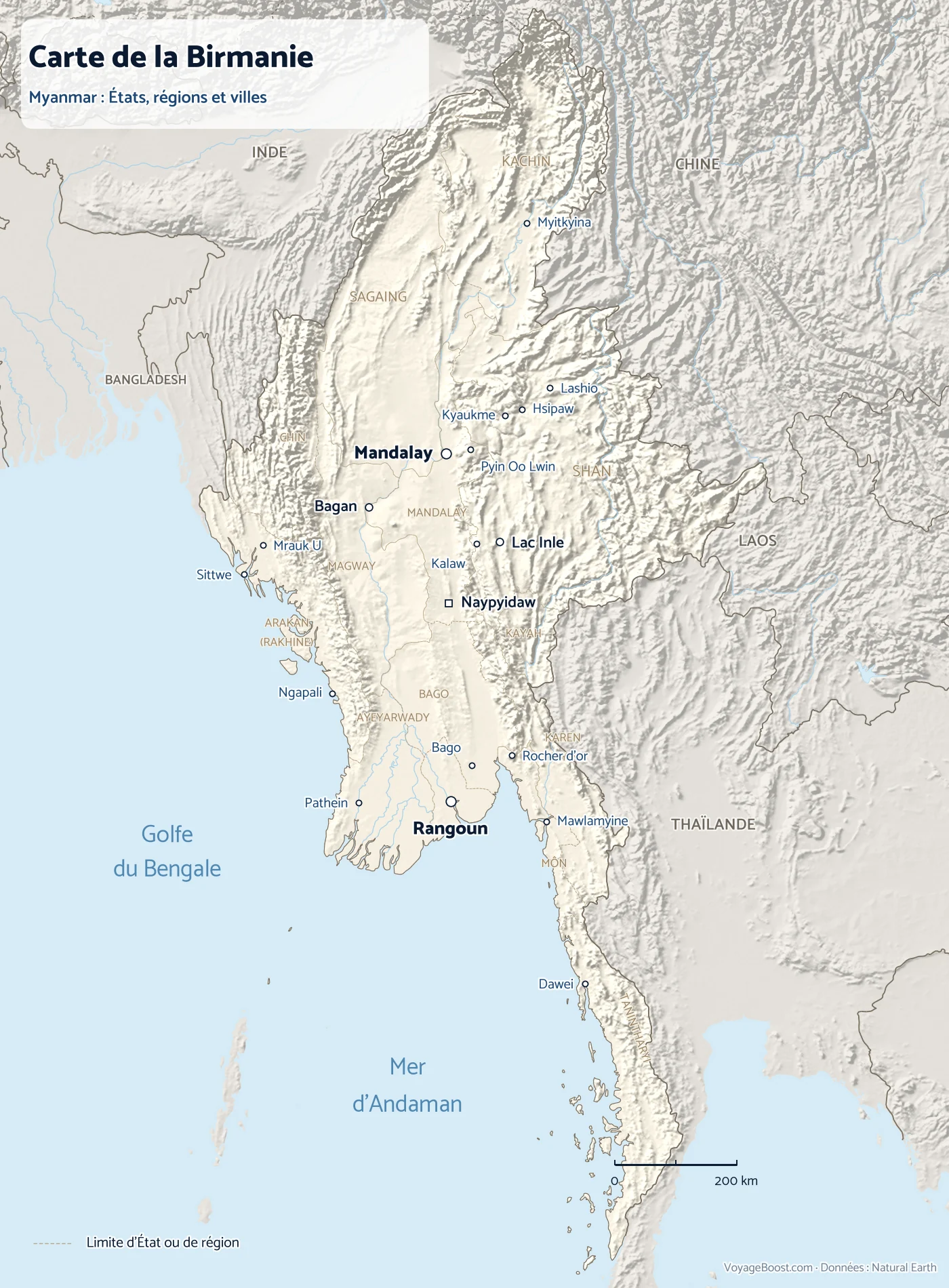 Carte de la Birmanie (Myanmar) avec ses États, ses régions et ses principales villes