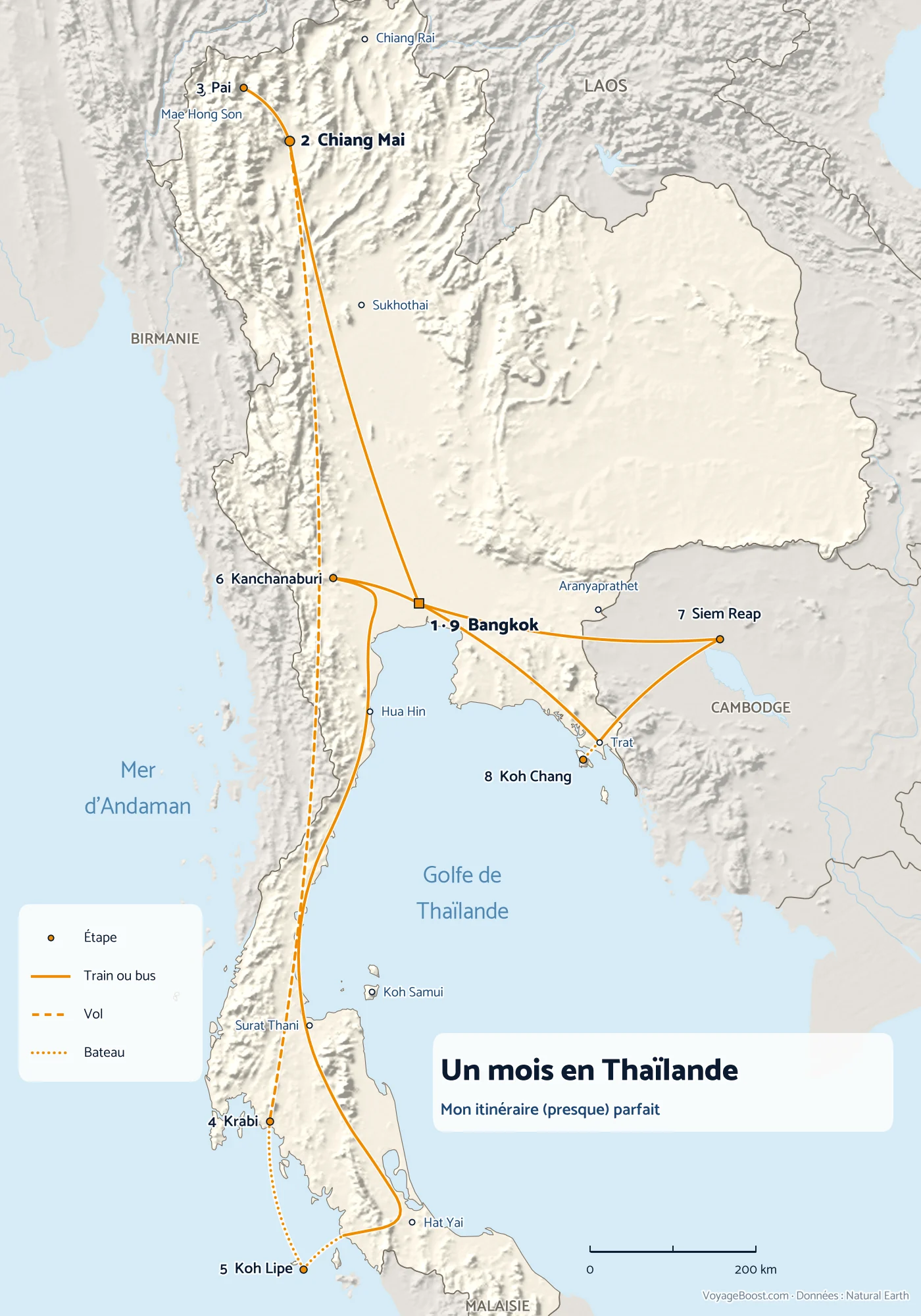Carte de mon itinéraire (presque) parfait de 4 semaines en Thaïlande, de Chiang Mai aux îles