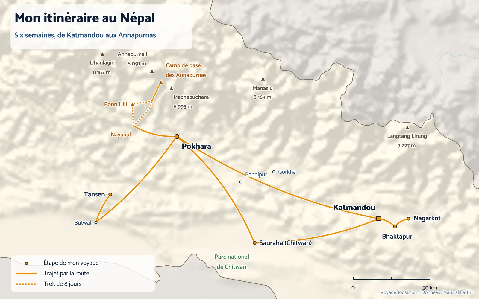 Carte de mon itinéraire au Népal : Katmandou, Chitwan, Pokhara, Tansen, le trek des Annapurnas, Bhaktapur et Nagarkot