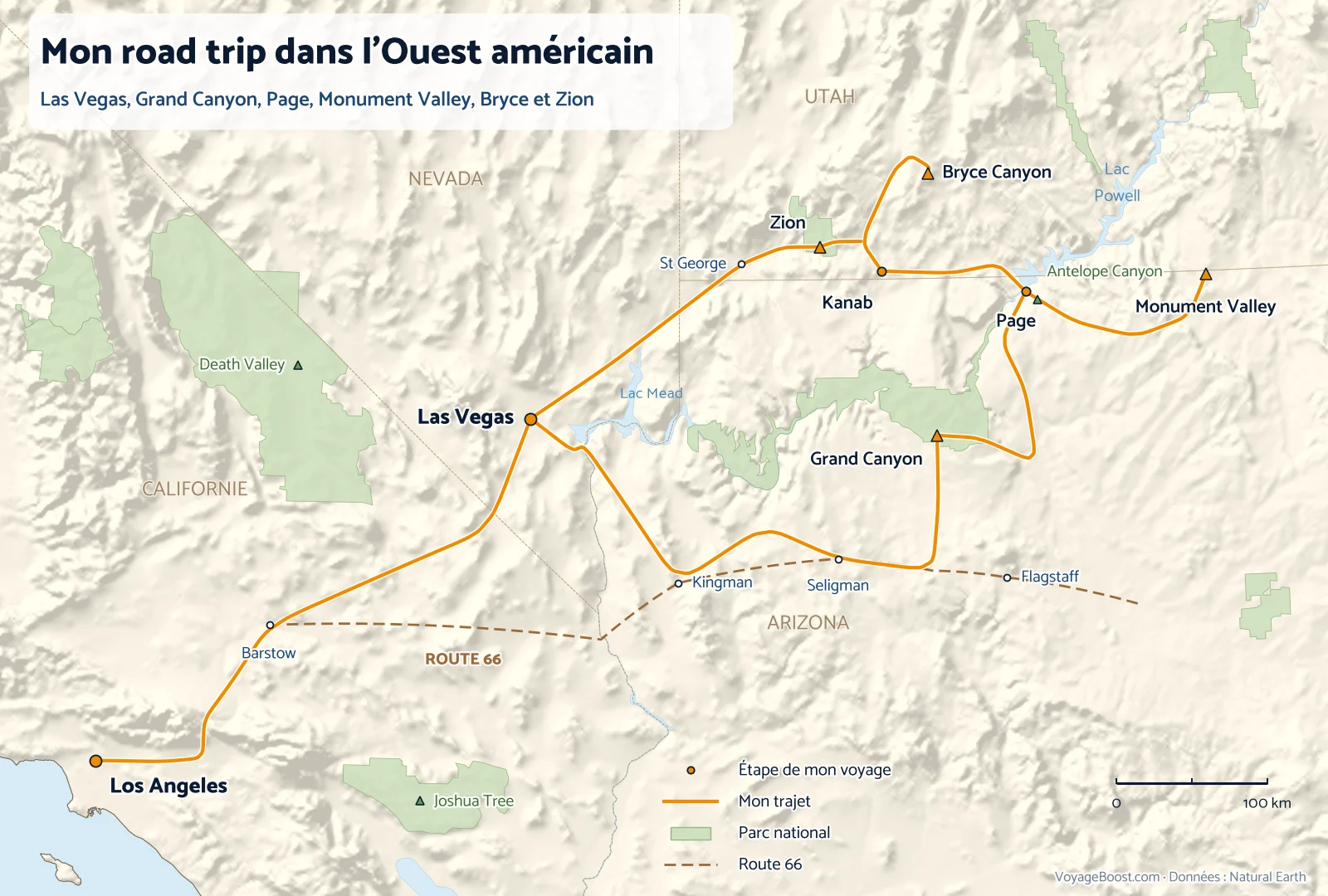 Carte de mon road trip dans l’Ouest américain : Las Vegas, Grand Canyon, Page, Monument Valley, Bryce Canyon et Zion