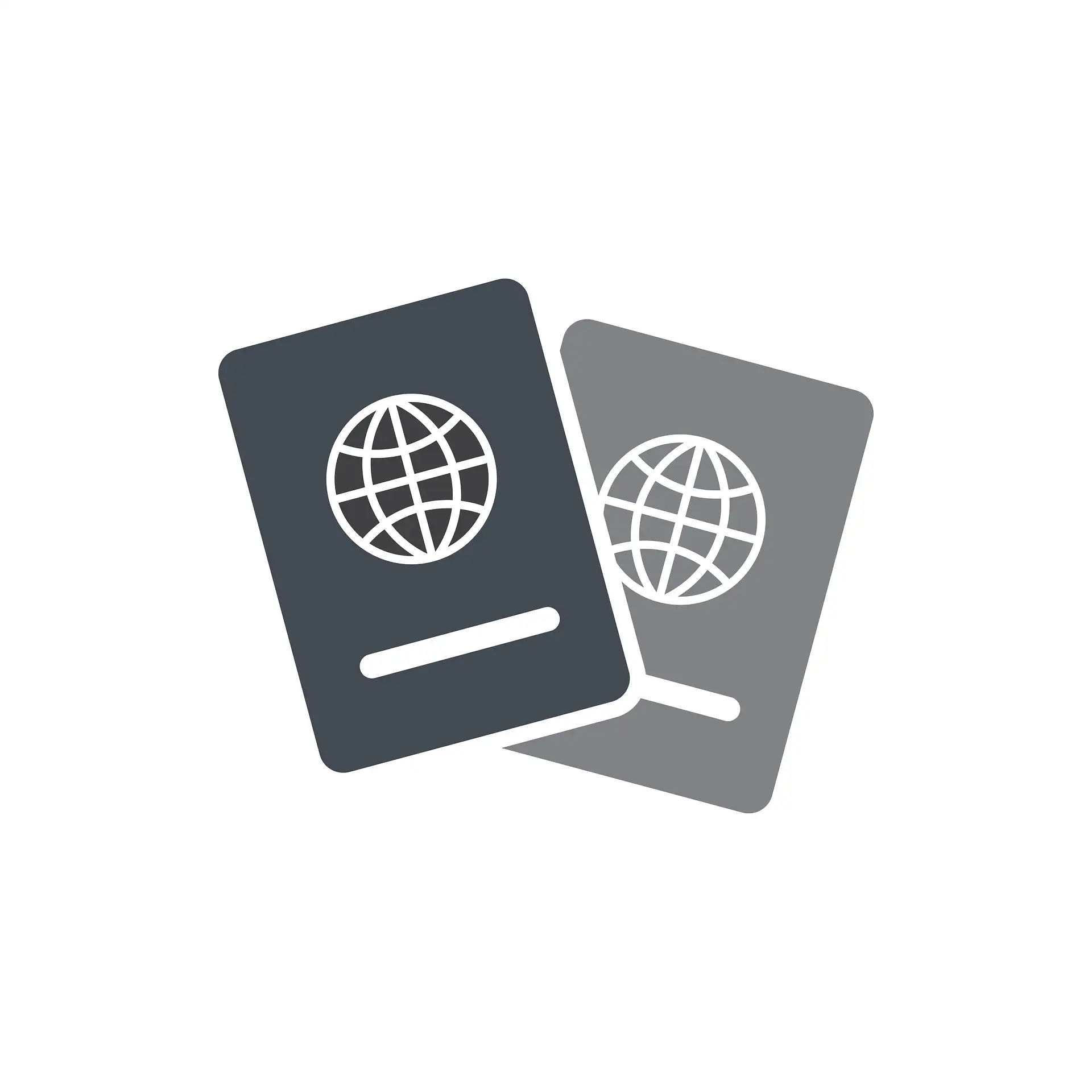 Icône de deux passeports gris frappés d’un globe terrestre, symbole des démarches d’immigration
