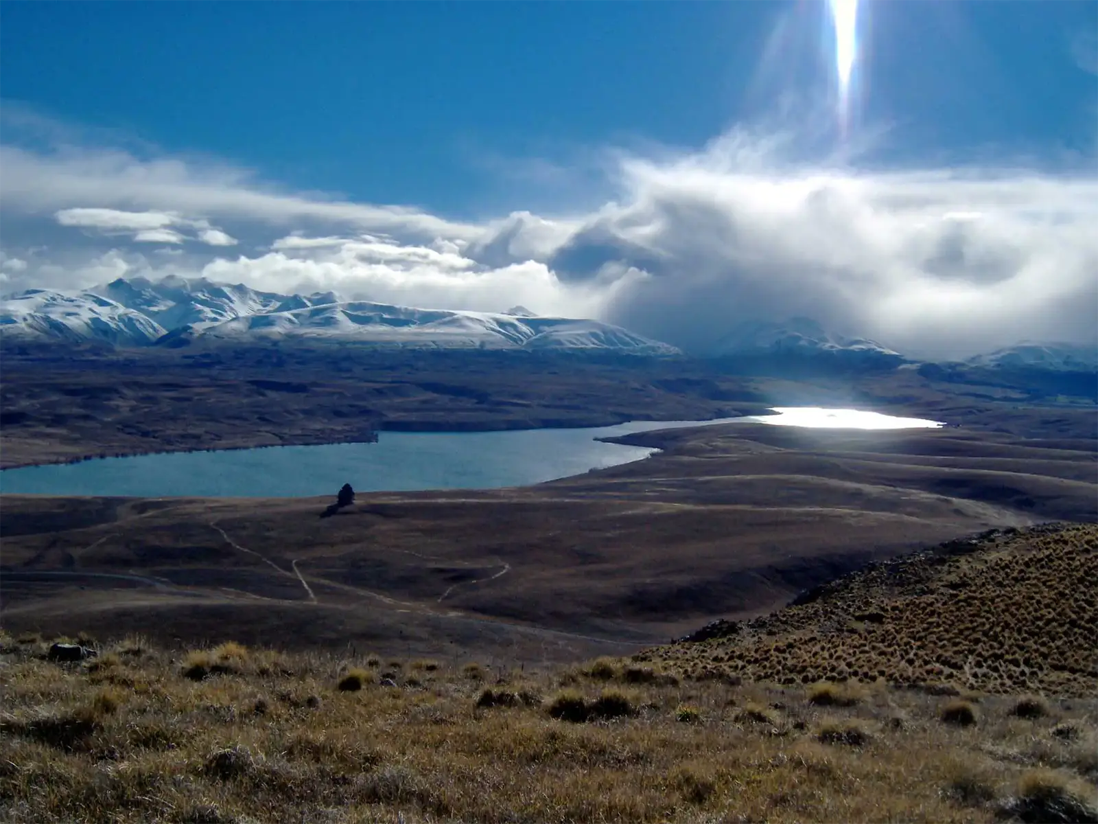 Reflets de soleil sur le lac Alexandrina, entre collines d’herbe sèche et Alpes du Sud enneigées, vu du mont John